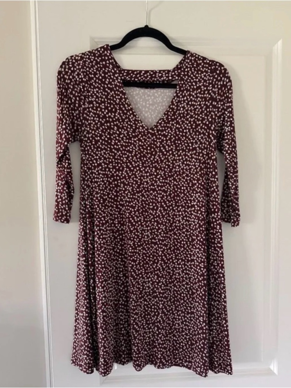 LOFT Burgundy and White 3/4 Sleeve Swing Dress